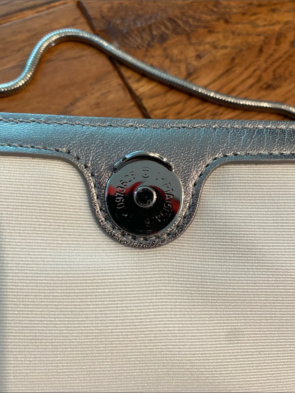 Lauren Ralph Lauren Metallic Silver Leather Bow Clutch with Chain Strap